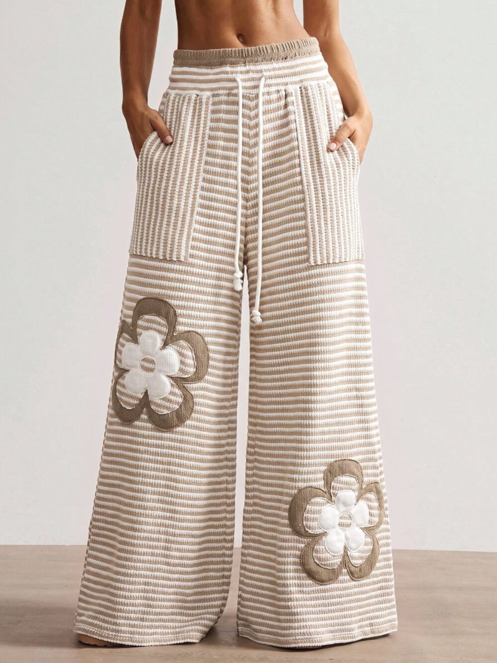 Apricot Casual Women's Knit Patchwork Loose Wide Leg Long Pants